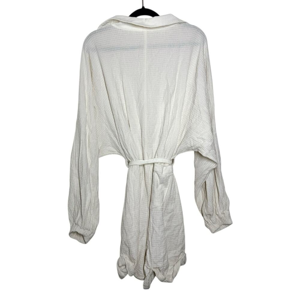 Free People Cream Ivory Waffle Relaxed V Neck Tie Waist Emeri Romper - Medium - Picture 3 of 12